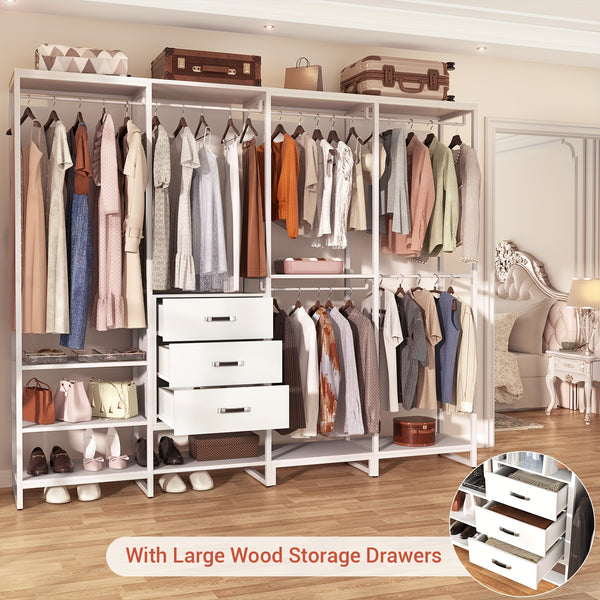 Wooden Closet Organizer Heavy Duty Wooden Closet Rack, Convertible L-Shaped Closet Storage with 3 Wooden Drawers