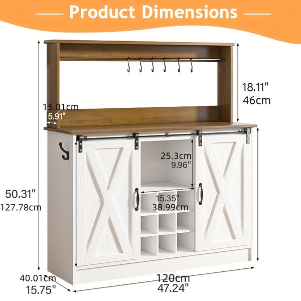 47 Inch Washed Gray, White, Oak Farmhouse Coffee Cabinet, With 9 Racks And 6 Hooks, , Kitchen Coffee Cabinet With Hutch And Sliding Barn Door For Living Dining Room, Washed Gray, White, Oak