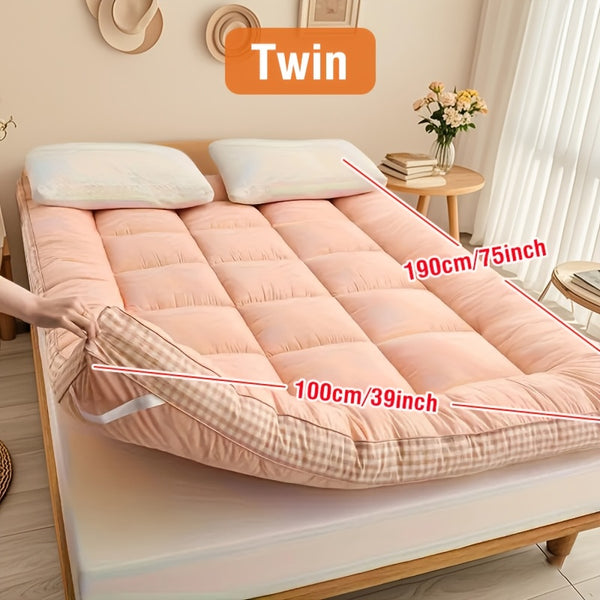 1pc 1200gsm Roll Up Mattress, Blue Green Pink Topper - 3.15-3.94inch Thick Quilted Bed Topper With Checkered Border, Thick Tatami Mat Sleeping Pad, Machine Washable, For Sofa Bed, Guest Room, Home Decor, Sofa Bed Mattress, Best Gifts For Family