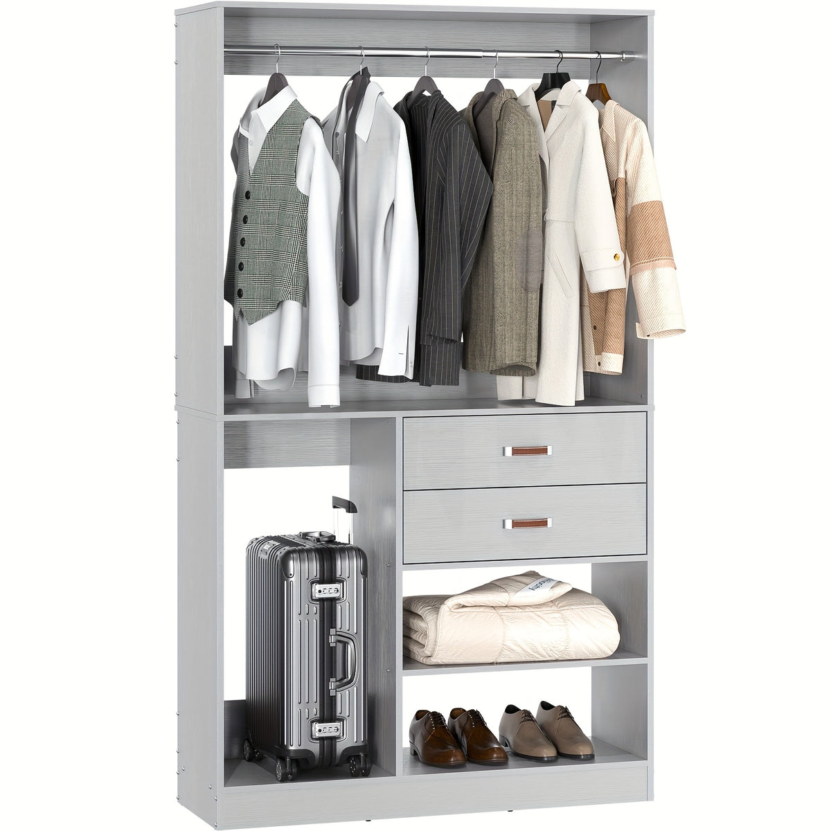 iSunirm Freestanding Closet System With Suitcase Storage, 40 Inches Stand-alone Wardrobe With 2 Wood Drawers, 80'' Height Adjustable Cloth Garment Rack, Walk-in Closet With Hanging Rod