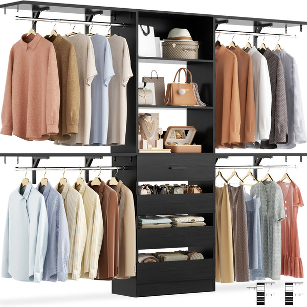 Aheaplus Closet System, Wood Closet Organizer Starter Kit with 4 Drawers, 8ft Closet Organizer System, 96'' Walk-in Closet Wardrobe Clothes Rack with 4 Hanging Rods, Shelves, Adjustable Garment Rack, Cut Fits Spaces 4-9ft