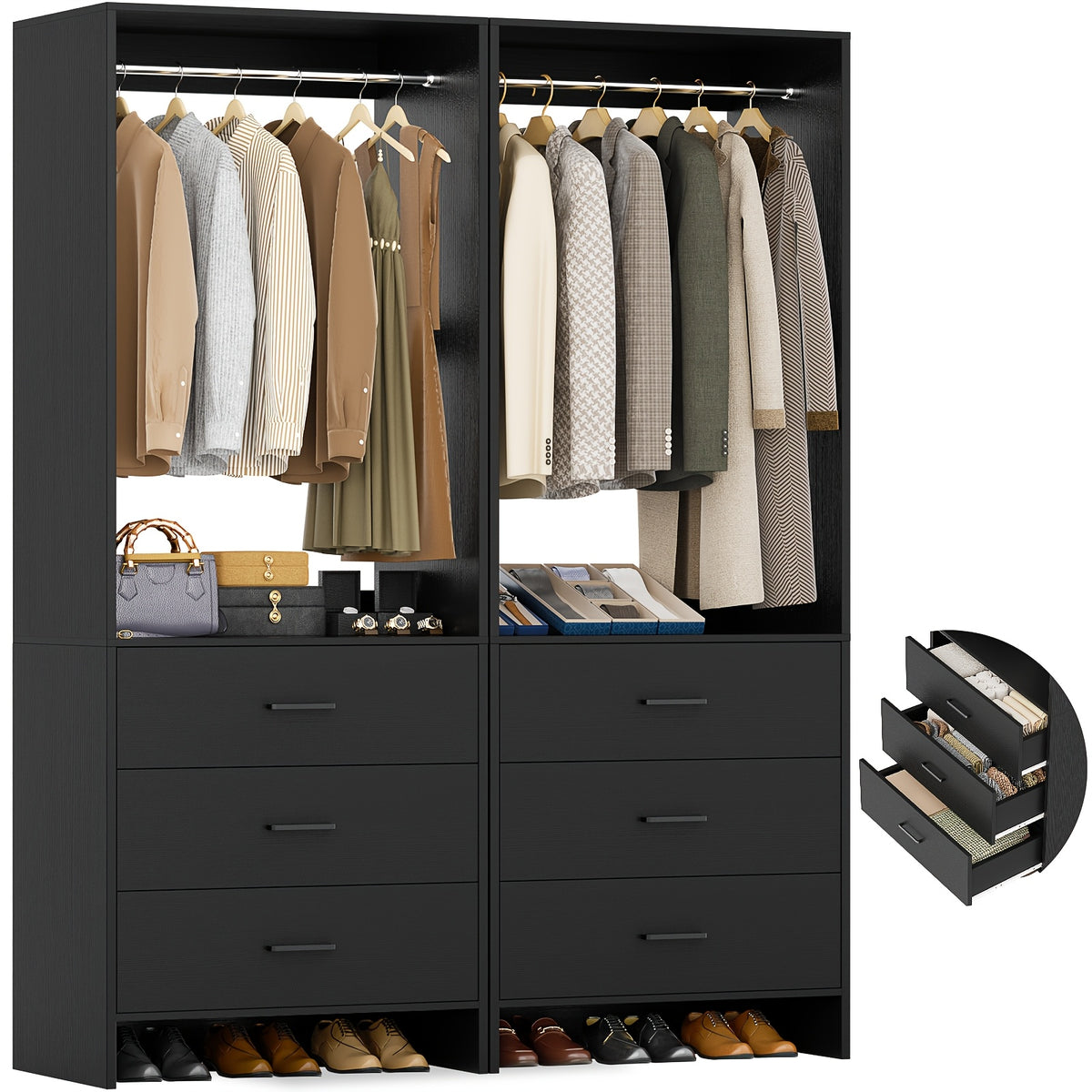 Aheaplus Closet System WithDrawers, Closet Organizer, Wood Closet Organizer System, Walk-in Closet Or Small Closets Wardrobe, Clothes Rack With Hanging Rods