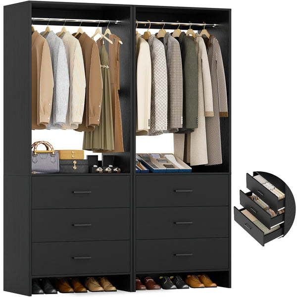 Aheaplus Closet System WithDrawers, Closet Organizer, Wood Closet Organizer System, Walk-in Closet Or Small Closets Wardrobe, Clothes Rack With Hanging Rods