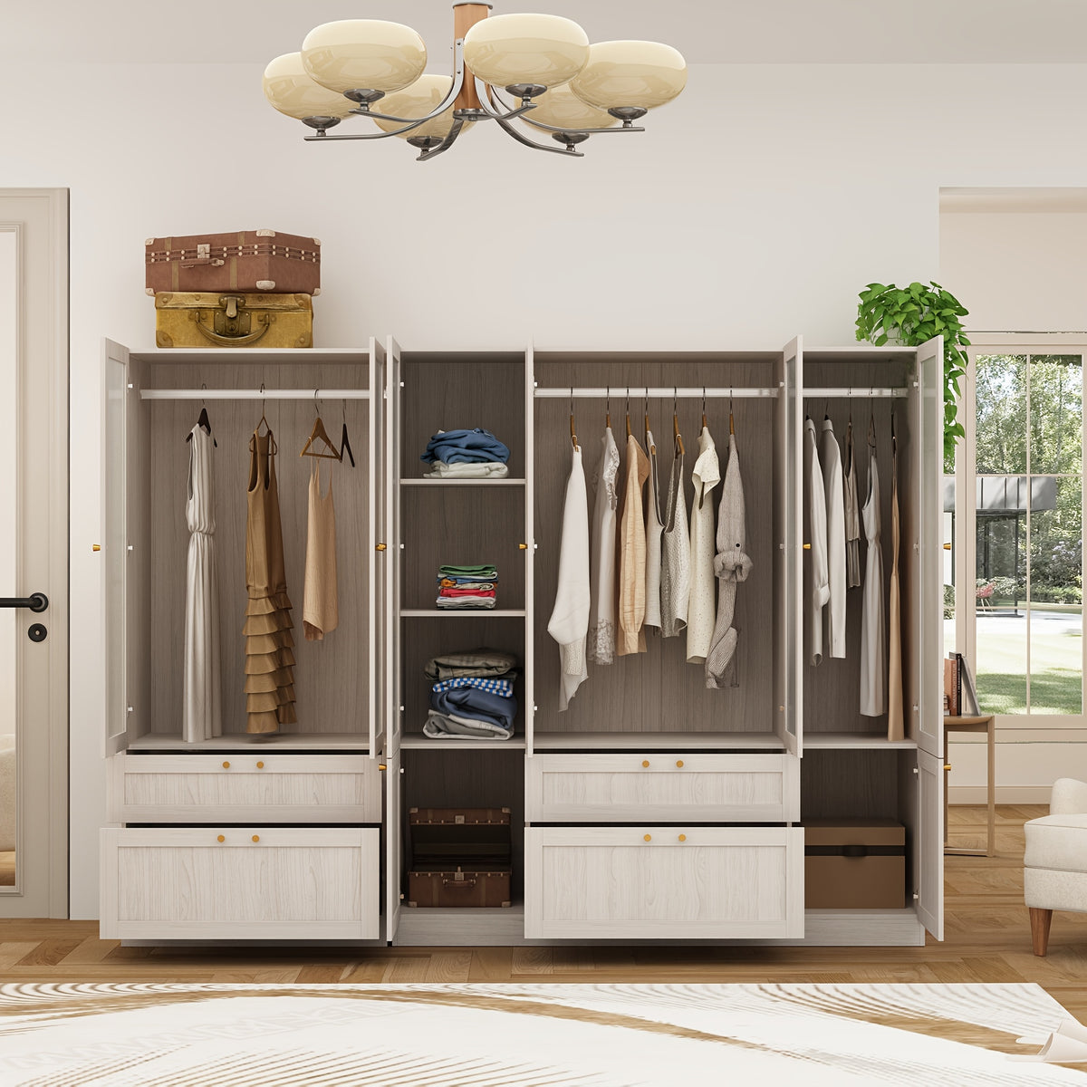 Elegant Armoire Wardrobe Closet With 6 Frosted Glass Doors & 4 Drawers, Wardrobe Closet With Hanging Rods & Shelves, Clothes Storage Cabinet Organizer For Bedroom, Stylish And Modern Design, Warm Grey
