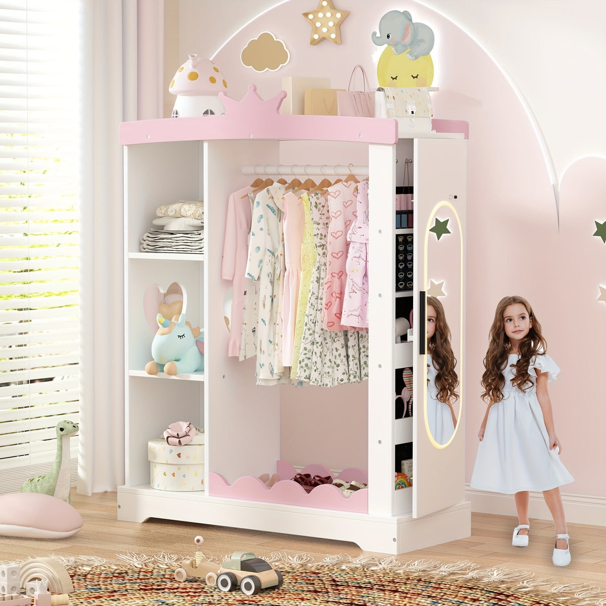 Pink Modern Kids Dress-Up Closet with Dual Mirrors, Jewelry Storage & Crown Top - Sturdy MDF Organizer with Hanging Rod, Shelves & Shoe Storage for Teen Girls Bedroom, 34.6\