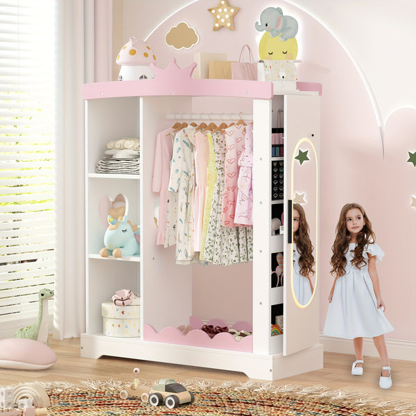 Pink Modern Kids Dress-Up Closet with Dual Mirrors, Jewelry Storage & Crown Top - Sturdy MDF Organizer with Hanging Rod, Shelves & Shoe Storage for Teen Girls Bedroom, 34.6\