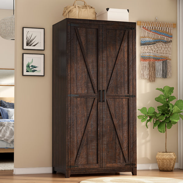 Farmhouse Wardrobe Armoire With 2 Sliding Barn Doors, 71'' Tall Storage Cabinet With Shelf & Hanging Rod, Versatile Cabinet Organizer