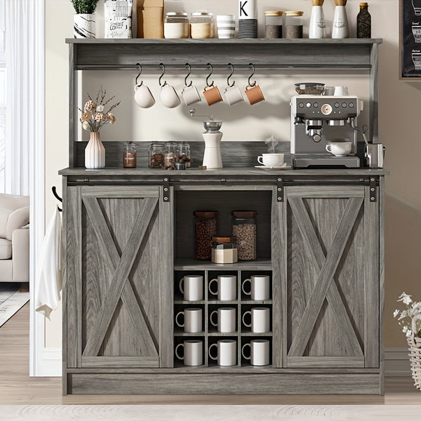 47 Inch Washed Gray, White, Oak Farmhouse Coffee Cabinet, With 9 Racks And 6 Hooks, , Kitchen Coffee Cabinet With Hutch And Sliding Barn Door For Living Dining Room, Washed Gray, White, Oak