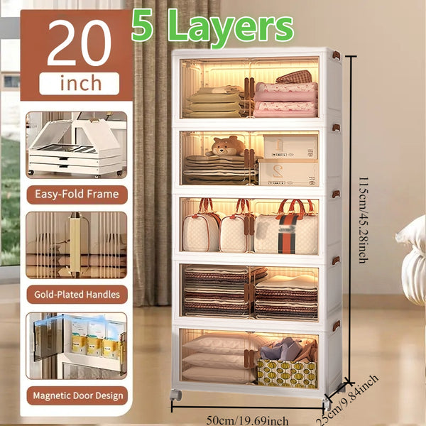 1\u002F2\u002F3\u002F4\u002F5\u002F6-Tier Extra Large Collapsible Storage Cabinet with Locking Doors - Heavy-Duty PVC Plastic Stackable Organizer System with 4-Wheel Mobility, Foldable Design & Front Panels for Closet, Bedroom, Office, Kitchen - Space-Sav