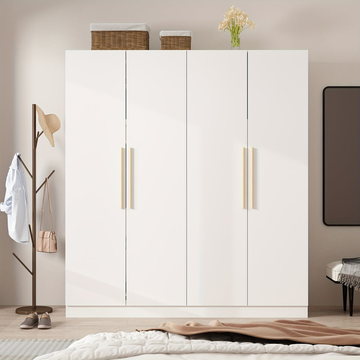 Spacious 4-Door White Wardrobe Armoire Closet - Freestanding Organizer with Storage Shelves & Hanging Rod, Durable MDF Wood, Water-Resistant, Easy Assembly, Modern Design for Bedroom Storage (63\