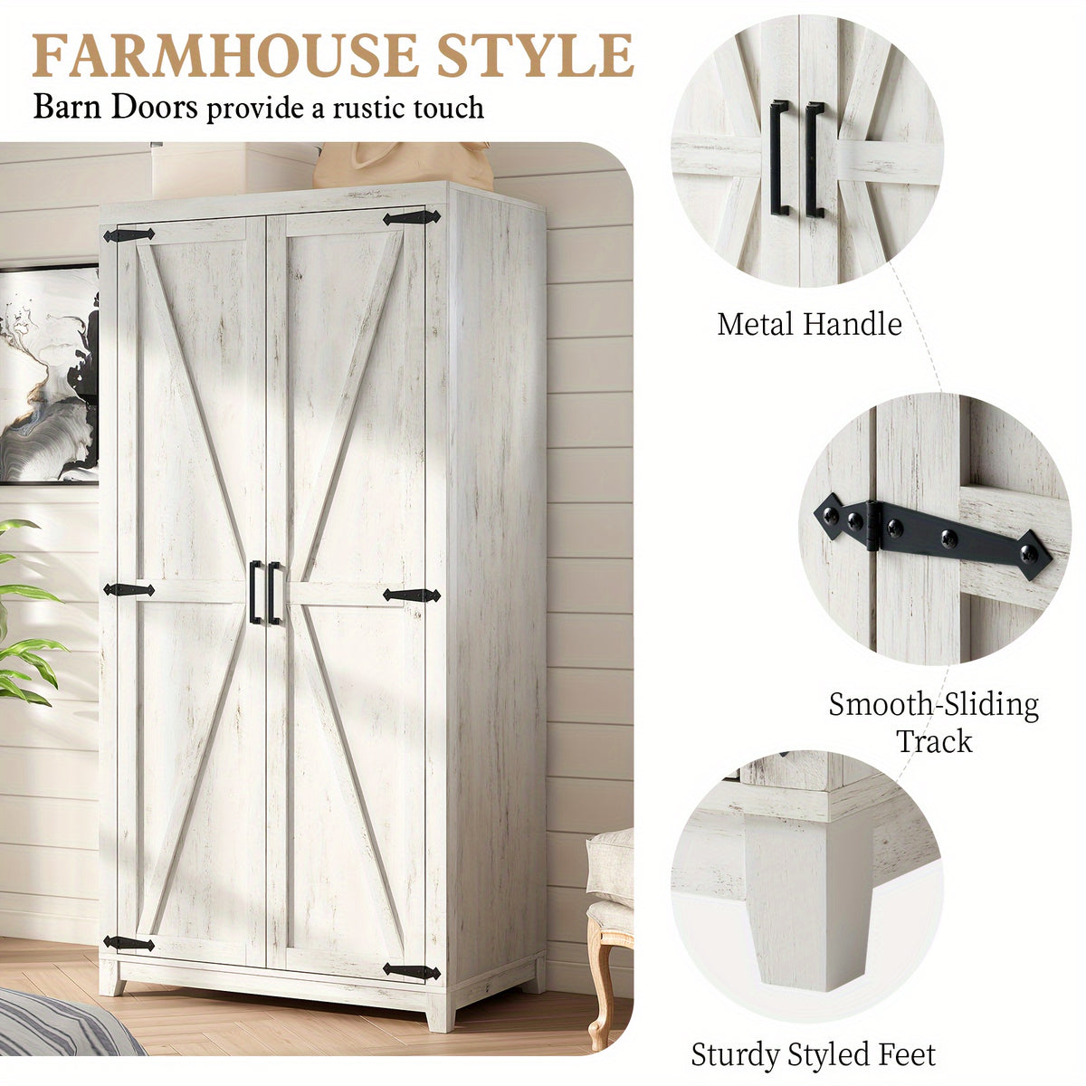 Farmhouse Wardrobe Armoire With 2 Sliding Barn Doors, 71'' Tall Storage Cabinet With Shelf & Hanging Rod, Versatile Cabinet Organizer