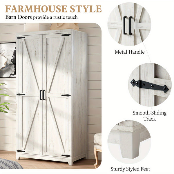 Farmhouse Wardrobe Armoire With 2 Sliding Barn Doors, 71'' Tall Storage Cabinet With Shelf & Hanging Rod, Versatile Cabinet Organizer