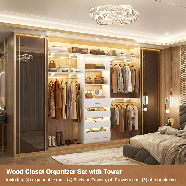 Aheaplus Closet System, Wood Closet Organizer Starter Kit with 4 Drawers, 8ft Closet Organizer System, 96'' Walk-in Closet Wardrobe Clothes Rack with 4 Hanging Rods, Shelves, Adjustable Garment Rack, Cut Fits Spaces 4-9ft