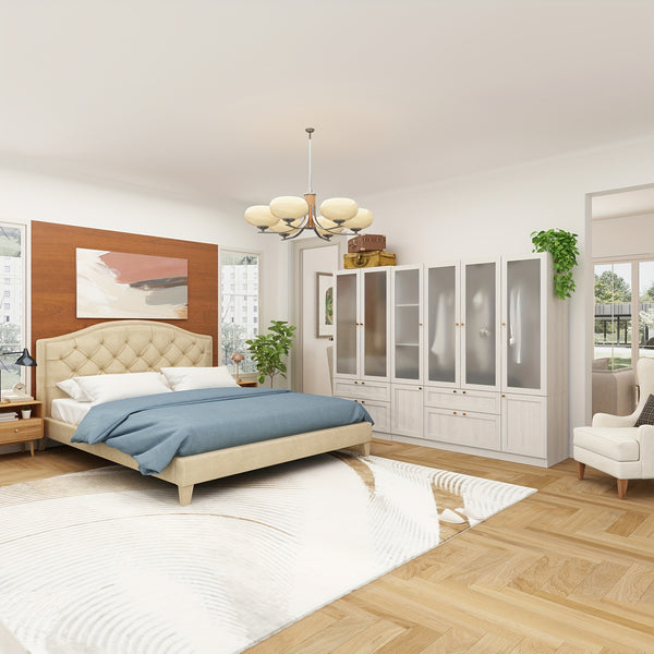 Elegant Armoire Wardrobe Closet With 6 Frosted Glass Doors & 4 Drawers, Wardrobe Closet With Hanging Rods & Shelves, Clothes Storage Cabinet Organizer For Bedroom, Stylish And Modern Design, Warm Grey