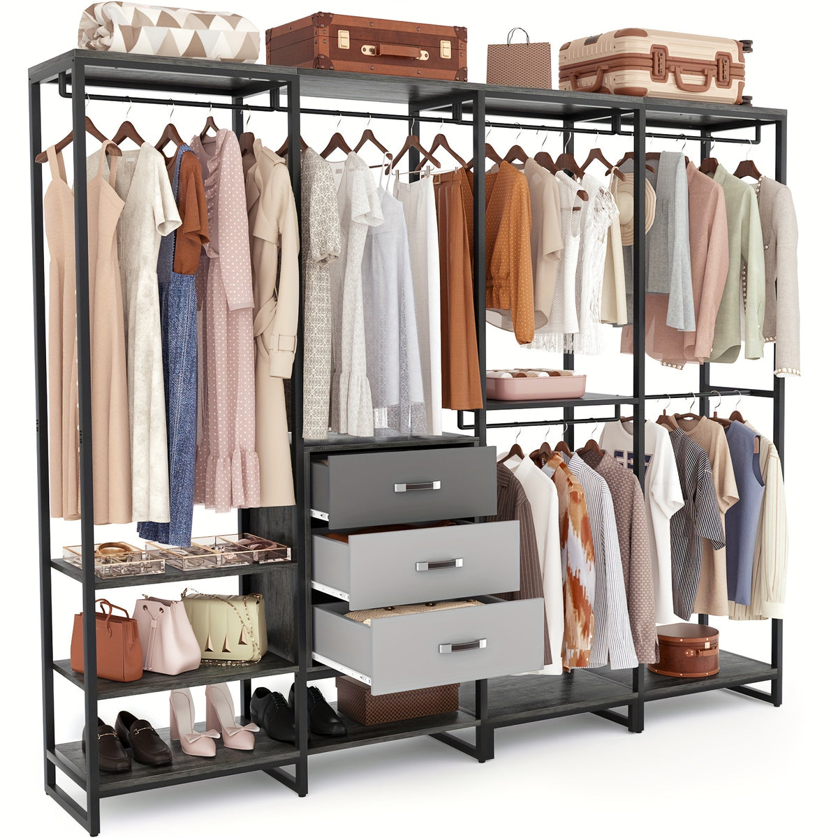 Wooden Closet Organizer Heavy Duty Wooden Closet Rack, Convertible L-Shaped Closet Storage with 3 Wooden Drawers