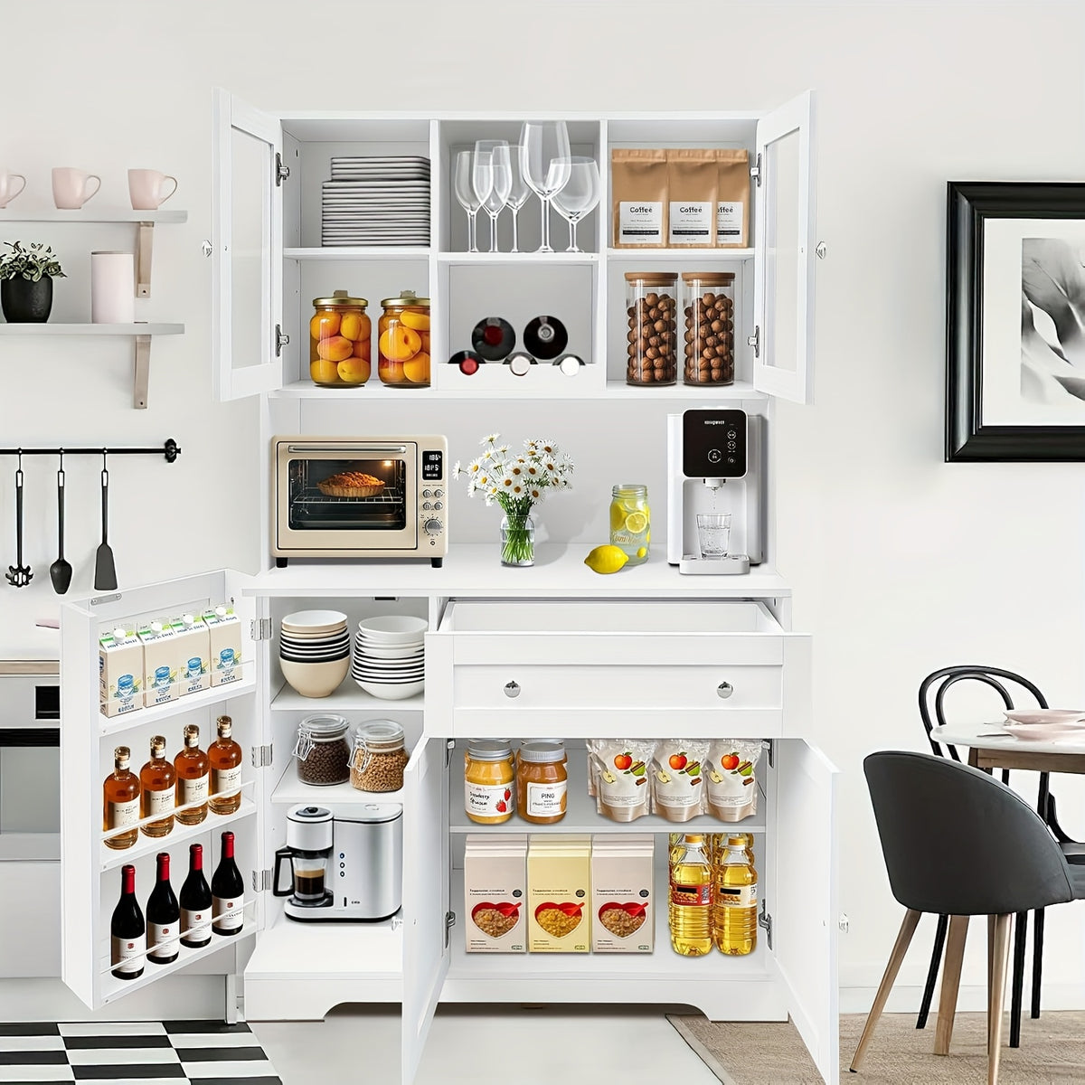 Modern Storage Cabinet GAOMON Modern Tall Cabinet with Doors, Drawers & Microwave Rack | 67.9 Inch Freestanding Food Storage Organizer with Open Storage Space for Living Room, Bedroom, Bathroom, Kitchen, Dining Room (White)