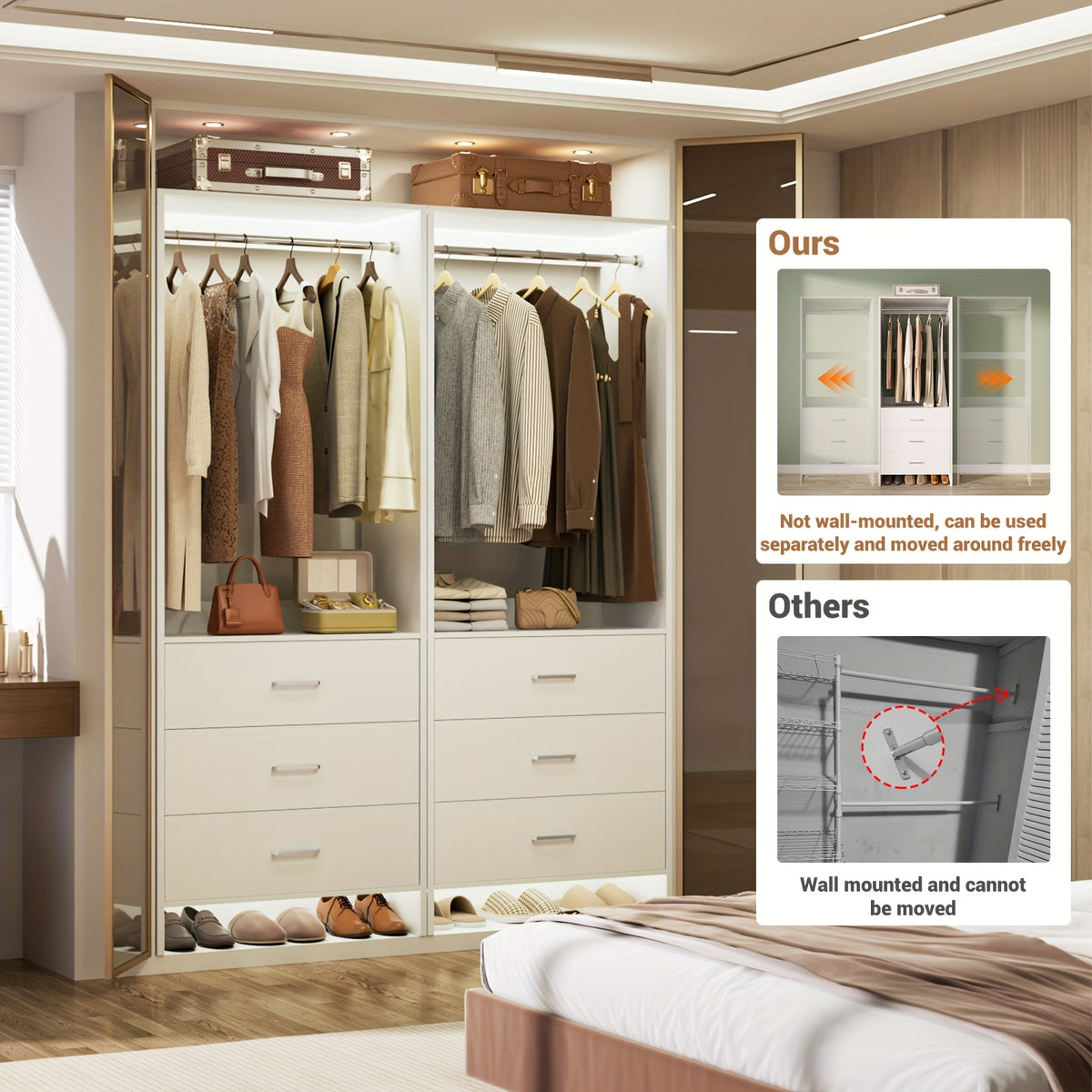 Aheaplus Closet System WithDrawers, Closet Organizer, Wood Closet Organizer System, Walk-in Closet Or Small Closets Wardrobe, Clothes Rack With Hanging Rods
