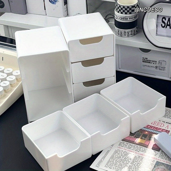 No-assembly desktop storage cabinet, stylish 3-tier white drawer organizer with round handles, suitable for office supplies, jewelry, and cosmetics. Lightweight and odor-free, a cute and practical desk organizer