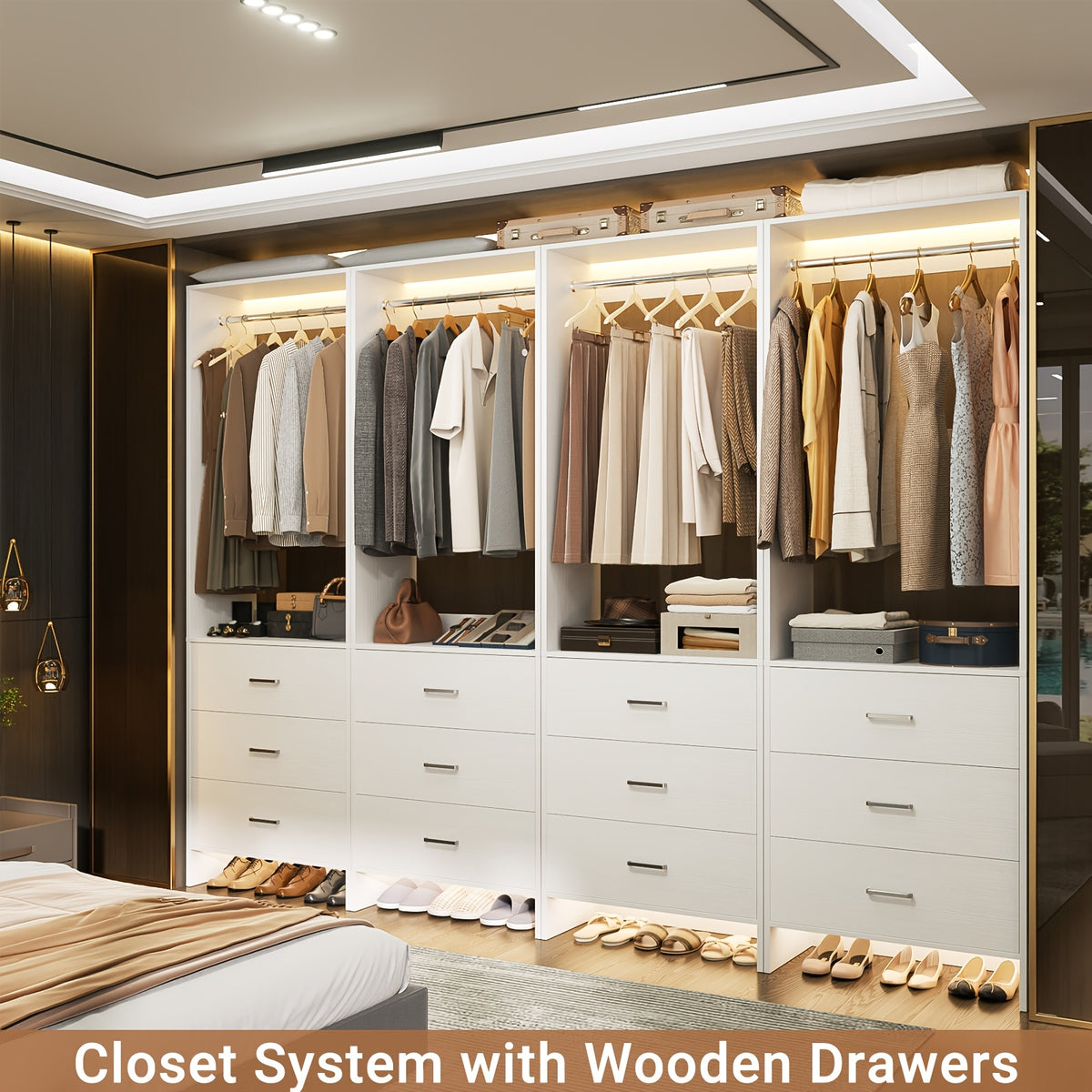 Aheaplus Closet System WithDrawers, Closet Organizer, Wood Closet Organizer System, Walk-in Closet Or Small Closets Wardrobe, Clothes Rack With Hanging Rods