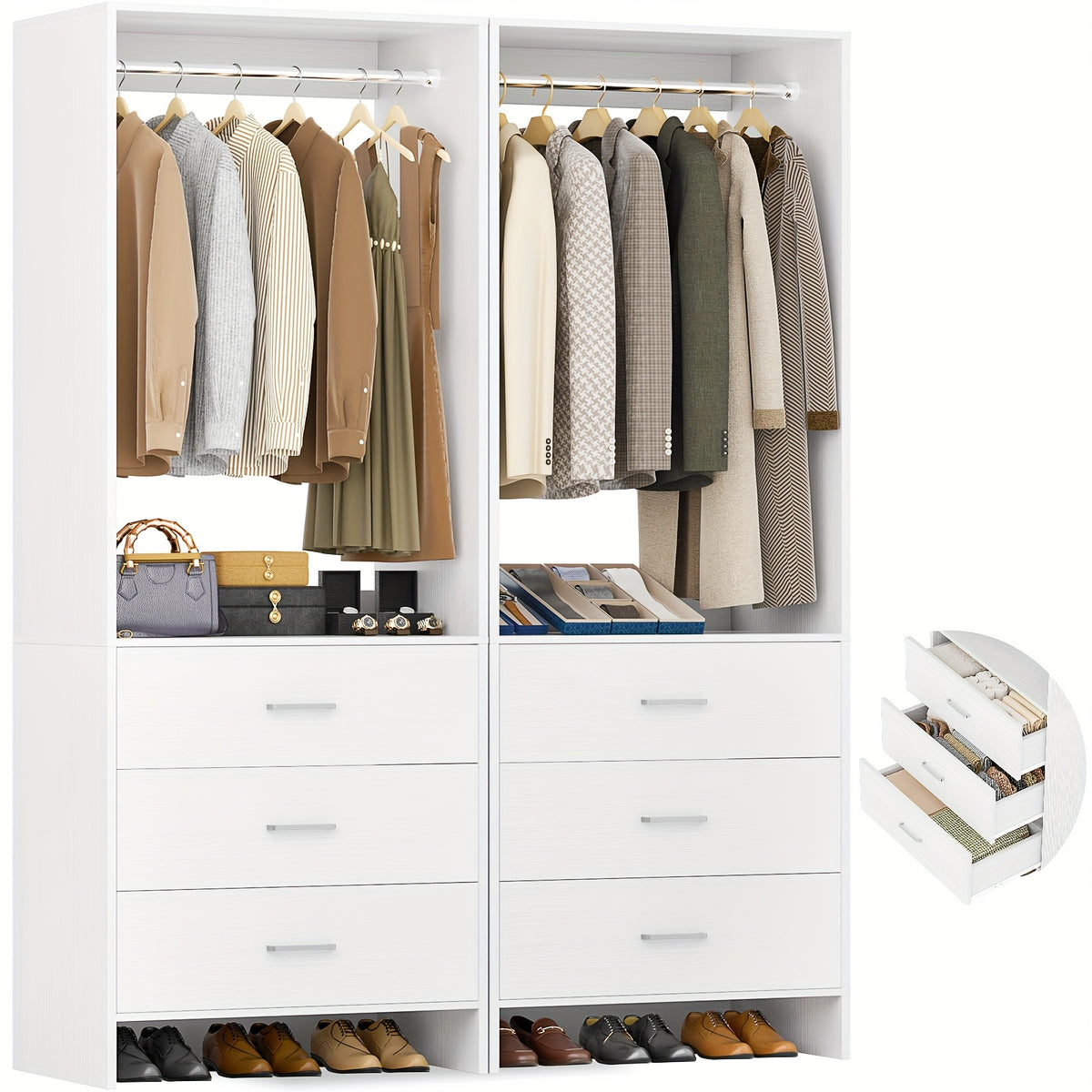 Aheaplus Closet System WithDrawers, Closet Organizer, Wood Closet Organizer System, Walk-in Closet Or Small Closets Wardrobe, Clothes Rack With Hanging Rods