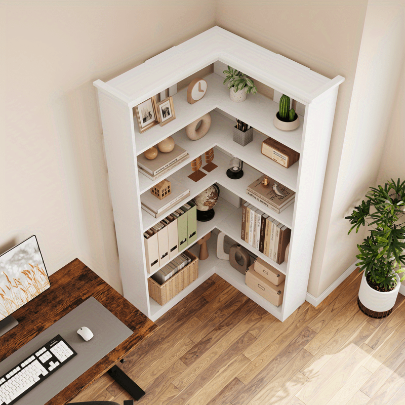 L Shaped Corner Bookshelf 5 Tier Large Wood Display Bookshelf 90° Corner Standing Bookcase