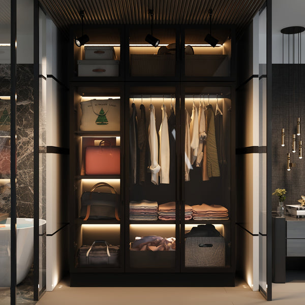 Modern Combo Armoire with All-Glass Doors & Solid Metal Frame, Diverse Storage Compartments, 74.8\