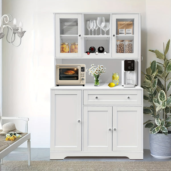 Modern Storage Cabinet GAOMON Modern Tall Cabinet with Doors, Drawers & Microwave Rack | 67.9 Inch Freestanding Food Storage Organizer with Open Storage Space for Living Room, Bedroom, Bathroom, Kitchen, Dining Room (White)