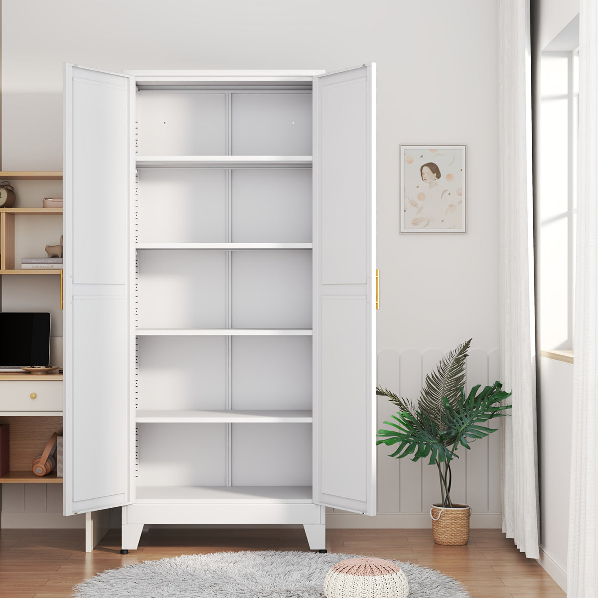 Mxa Pantry Cabinet with Adjustable Shelves, Two Doors Kitchen Metal Storage Cabinet with Golden Handle, Kitchen Pantry Cabinets Storage with Storage Space for Living Room, Bedroom, Kitchen, Dining Room and Home Office, Kitchen Pantry Cabinet, Kitchen Pant