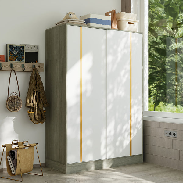 69.7'' Tall Large Wardrobe Armoire Closet With Storage Shelves & Hanging Rod, Wardrobe Closet With White Sliding Door Panel & Golden Metal Strip, Modern Wardrobe Cabinet For Bedroom, Clothes Organizer And Storage, With Anti Dumping Device