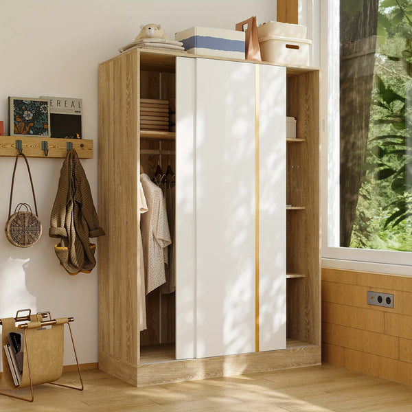 69.7'' Tall Large Wardrobe Armoire Closet With Storage Shelves & Hanging Rod, Wardrobe Closet With White Sliding Door Panel & Golden Metal Strip, Modern Wardrobe Cabinet For Bedroom, Clothes Organizer And Storage, With Anti Dumping Device