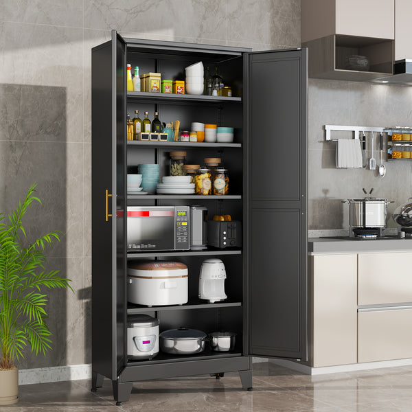 Mxa Pantry Cabinet with Adjustable Shelves, Two Doors Kitchen Metal Storage Cabinet with Golden Handle, Kitchen Pantry Cabinets Storage with Storage Space for Living Room, Bedroom, Kitchen, Dining Room and Home Office, Kitchen Pantry Cabinet, Kitchen Pant