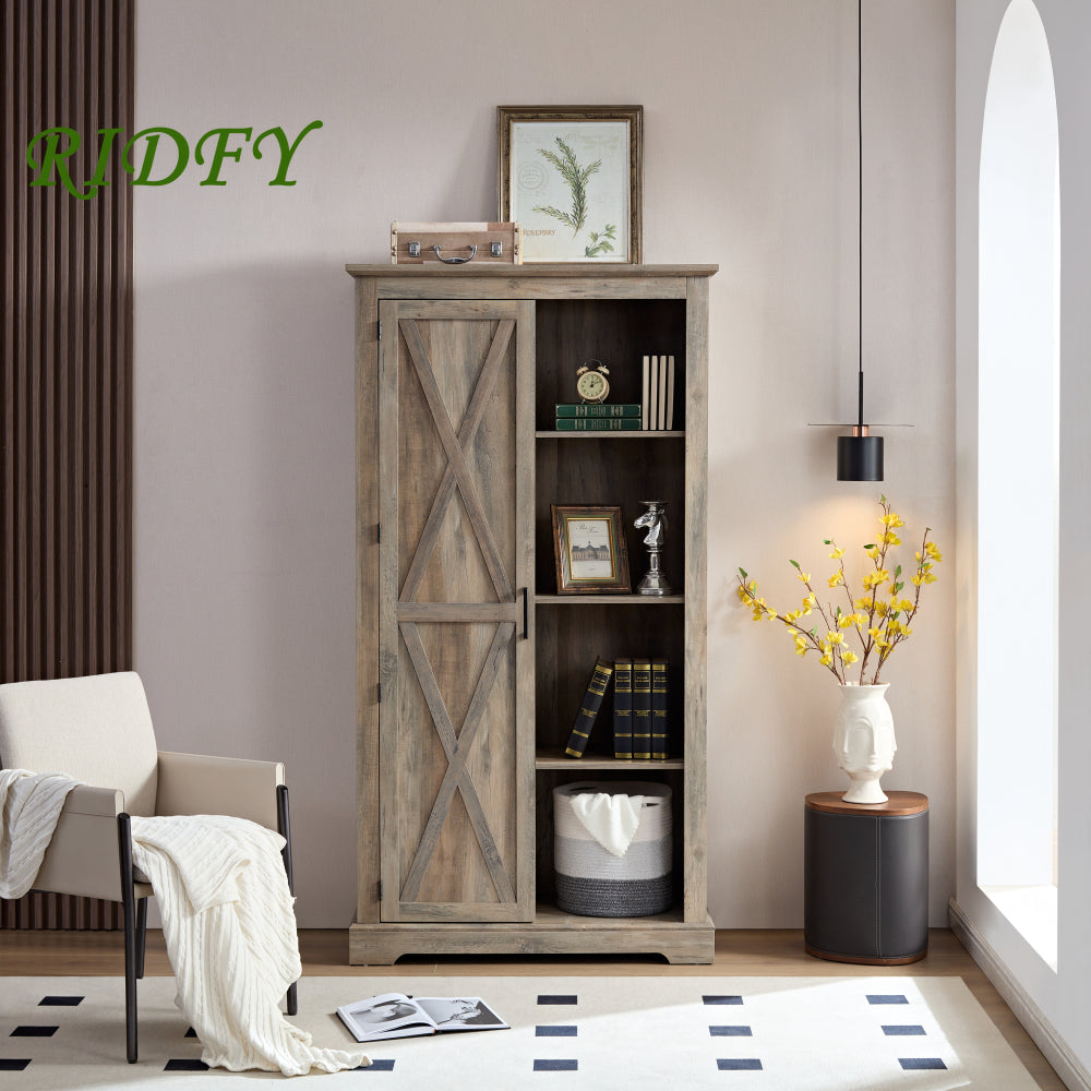Large Rustic Farmhouse Tall Storage Cabinet with Barn Door - Solid Wood, Adjustable Shelves & X-Design Doors, Gray Wash White Oak Pantry Cupboard, 39.37\