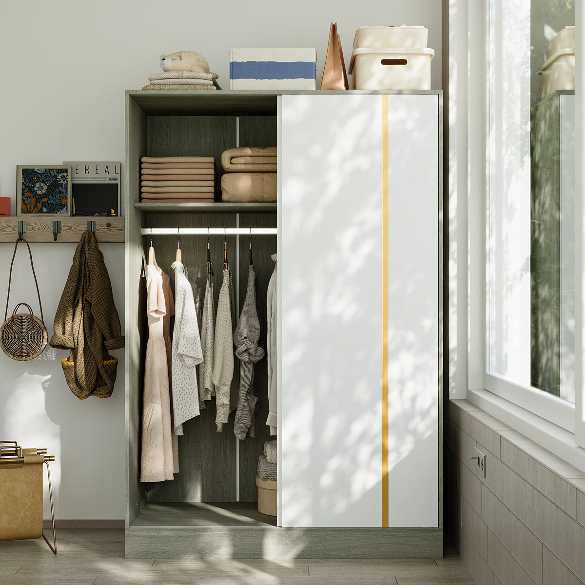69.7'' Tall Large Wardrobe Armoire Closet With Storage Shelves & Hanging Rod, Wardrobe Closet With White Sliding Door Panel & Golden Metal Strip, Modern Wardrobe Cabinet For Bedroom, Clothes Organizer And Storage, With Anti Dumping Device