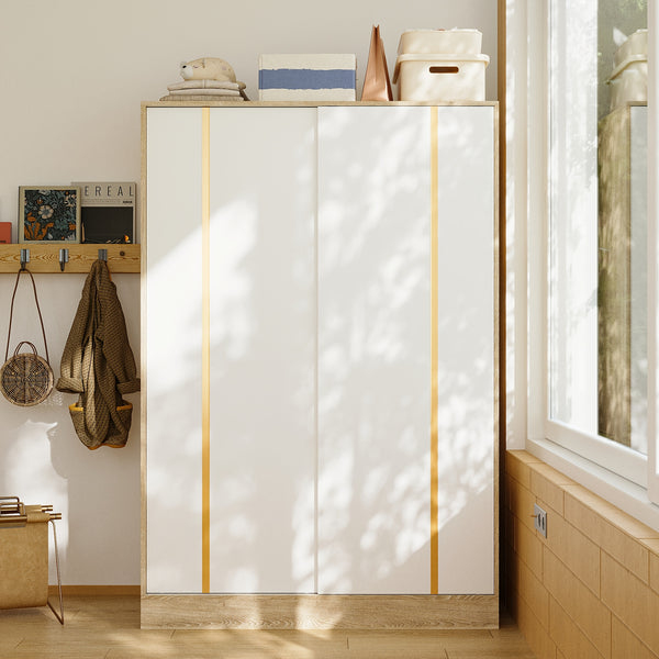 69.7'' Tall Large Wardrobe Armoire Closet With Storage Shelves & Hanging Rod, Wardrobe Closet With White Sliding Door Panel & Golden Metal Strip, Modern Wardrobe Cabinet For Bedroom, Clothes Organizer And Storage, With Anti Dumping Device