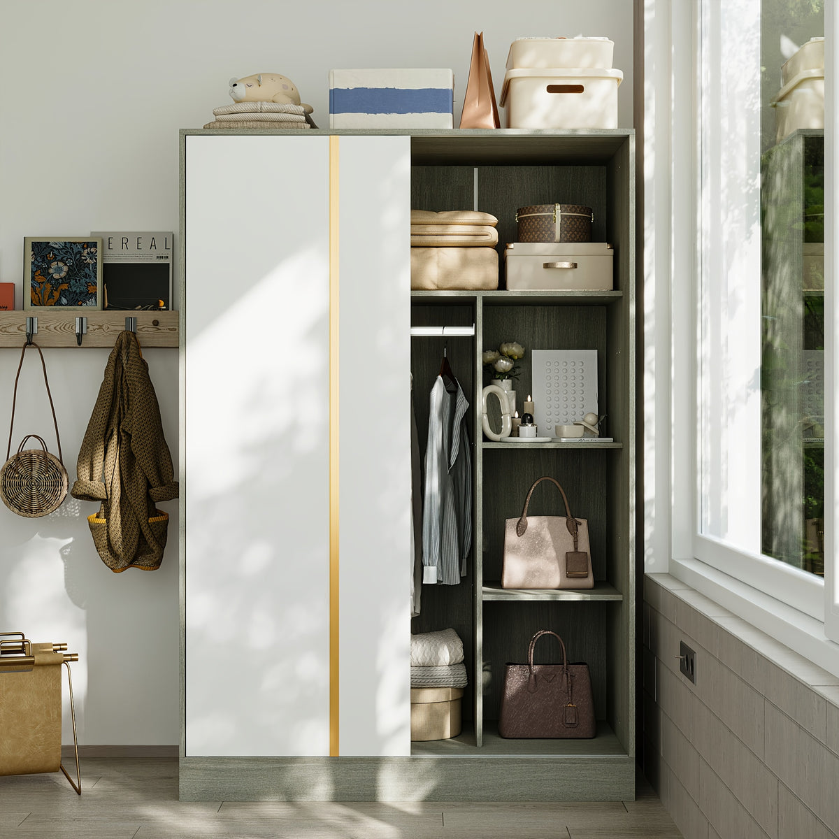 69.7'' Tall Large Wardrobe Armoire Closet With Storage Shelves & Hanging Rod, Wardrobe Closet With White Sliding Door Panel & Golden Metal Strip, Modern Wardrobe Cabinet For Bedroom, Clothes Organizer And Storage, With Anti Dumping Device