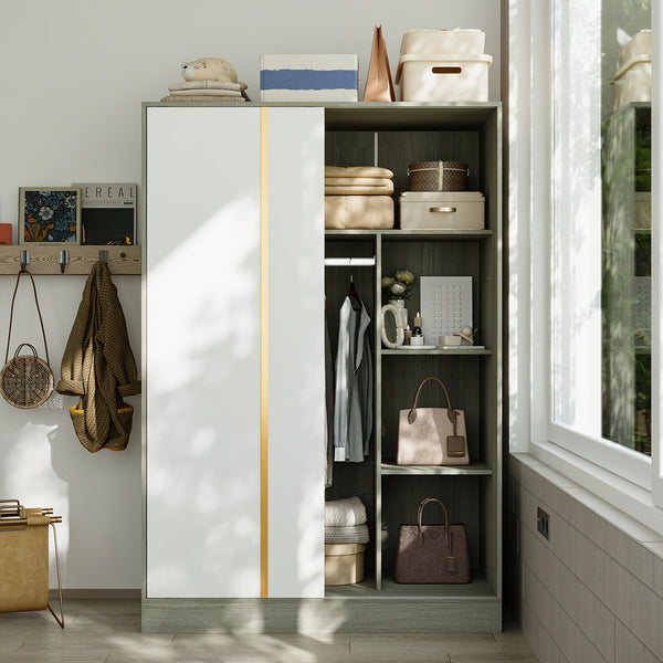 69.7'' Tall Large Wardrobe Armoire Closet With Storage Shelves & Hanging Rod, Wardrobe Closet With White Sliding Door Panel & Golden Metal Strip, Modern Wardrobe Cabinet For Bedroom, Clothes Organizer And Storage, With Anti Dumping Device