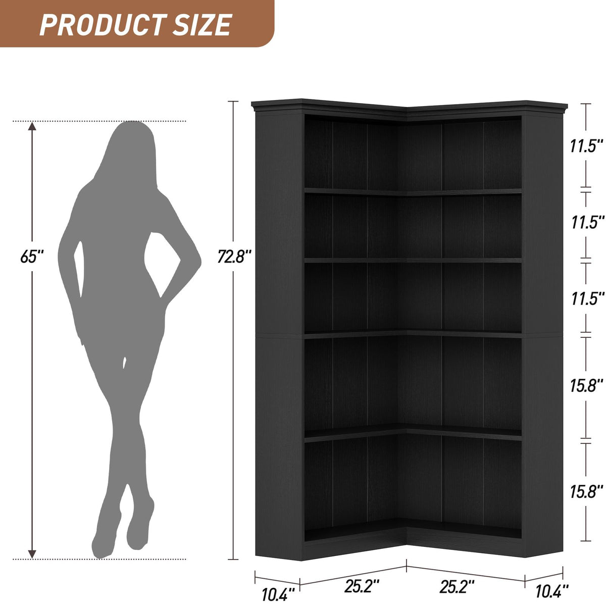 Heavy-Duty Corner Panel Bookcase - Black Modern L-Shaped Bookshelf with Curved Shelves, Space-Saving Freestanding Storage Shelf for Home Office, Living Room, Study - Easy Assembly, Sturdy Shelf Organizer (27\