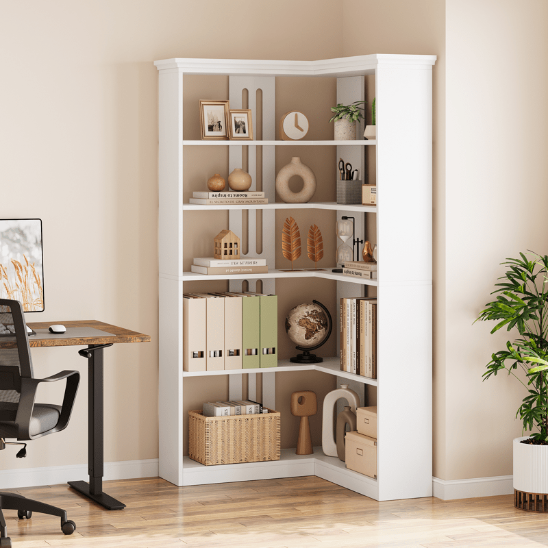 L Shaped Corner Bookshelf 5 Tier Large Wood Display Bookshelf 90° Corner Standing Bookcase