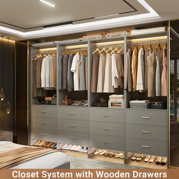 Aheaplus Closet System WithDrawers, Closet Organizer, Wood Closet Organizer System, Walk-in Closet Or Small Closets Wardrobe, Clothes Rack With Hanging Rods