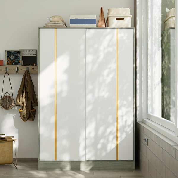 69.7'' Tall Large Wardrobe Armoire Closet With Storage Shelves & Hanging Rod, Wardrobe Closet With White Sliding Door Panel & Golden Metal Strip, Modern Wardrobe Cabinet For Bedroom, Clothes Organizer And Storage, With Anti Dumping Device