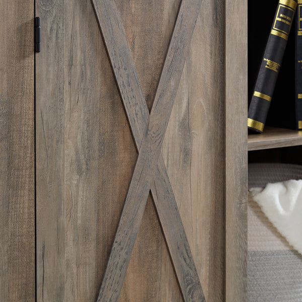Large Rustic Farmhouse Tall Storage Cabinet with Barn Door - Solid Wood, Adjustable Shelves & X-Design Doors, Gray Wash White Oak Pantry Cupboard, 39.37\