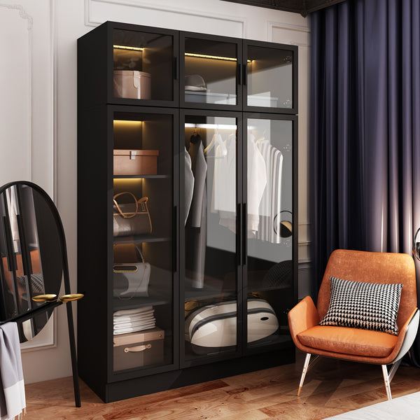 Modern Combo Armoire with All-Glass Doors & Solid Metal Frame, Diverse Storage Compartments, 74.8\