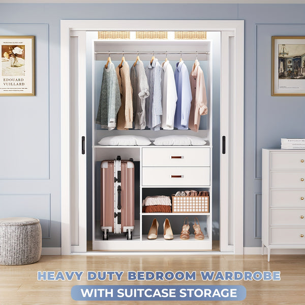 iSunirm Freestanding Closet System With Suitcase Storage, 40 Inches Stand-alone Wardrobe With 2 Wood Drawers, 80'' Height Adjustable Cloth Garment Rack, Walk-in Closet With Hanging Rod