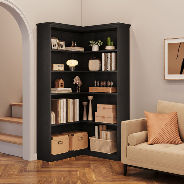 Heavy-Duty Corner Panel Bookcase - Black Modern L-Shaped Bookshelf with Curved Shelves, Space-Saving Freestanding Storage Shelf for Home Office, Living Room, Study - Easy Assembly, Sturdy Shelf Organizer (27\