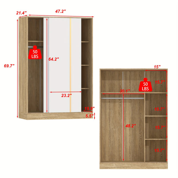 69.7'' Tall Large Wardrobe Armoire Closet With Storage Shelves & Hanging Rod, Wardrobe Closet With White Sliding Door Panel & Golden Metal Strip, Modern Wardrobe Cabinet For Bedroom, Clothes Organizer And Storage, With Anti Dumping Device