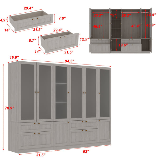 Elegant Armoire Wardrobe Closet With 6 Frosted Glass Doors & 4 Drawers, Wardrobe Closet With Hanging Rods & Shelves, Clothes Storage Cabinet Organizer For Bedroom, Stylish And Modern Design, Warm Grey