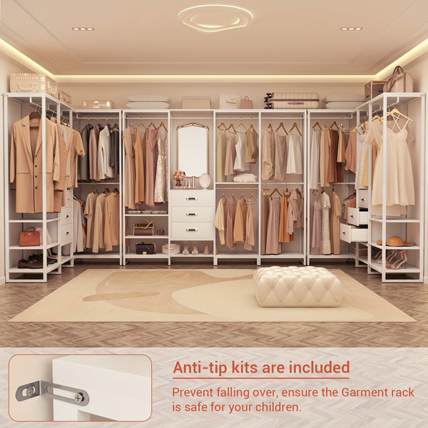 Wooden Closet Organizer Heavy Duty Wooden Closet Rack, Convertible L-Shaped Closet Storage with 3 Wooden Drawers
