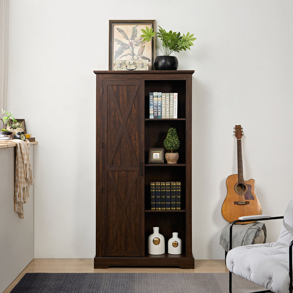 Large Rustic Farmhouse Tall Storage Cabinet with Barn Door - Solid Wood, Adjustable Shelves & X-Design Doors, Gray Wash White Oak Pantry Cupboard, 39.37\