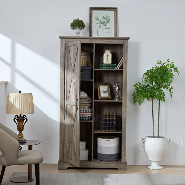 Large Rustic Farmhouse Tall Storage Cabinet with Barn Door - Solid Wood, Adjustable Shelves & X-Design Doors, Gray Wash White Oak Pantry Cupboard, 39.37\