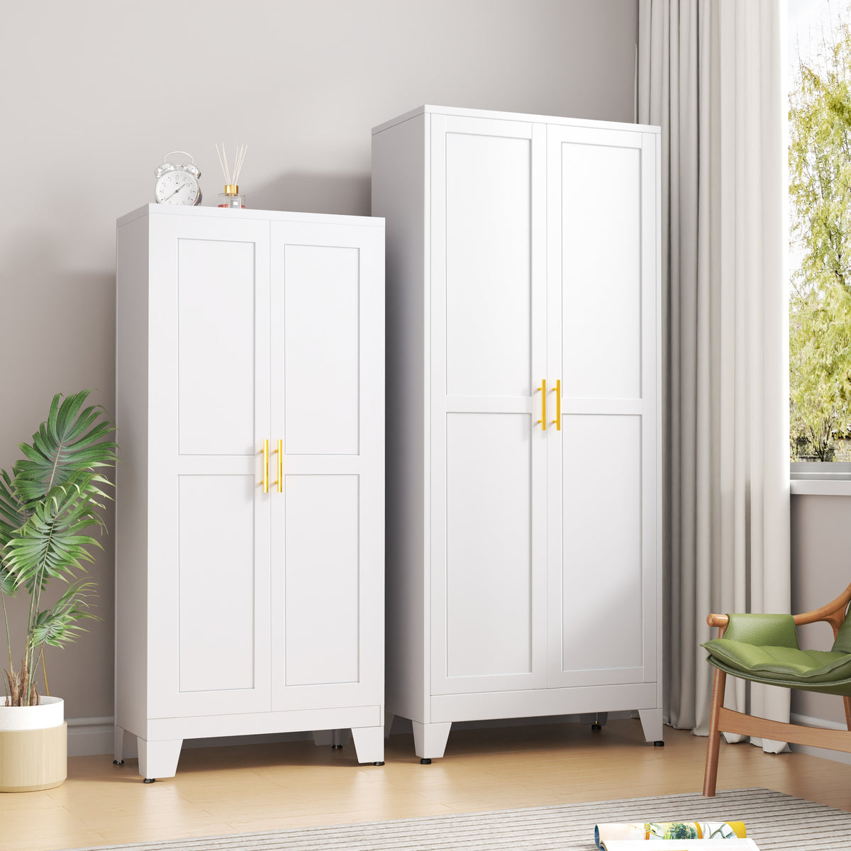 Mxa Pantry Cabinet with Adjustable Shelves, Two Doors Kitchen Metal Storage Cabinet with Golden Handle, Kitchen Pantry Cabinets Storage with Storage Space for Living Room, Bedroom, Kitchen, Dining Room and Home Office, Kitchen Pantry Cabinet, Kitchen Pant